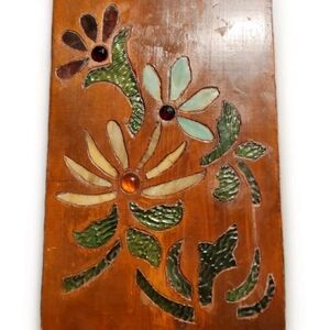 70/80's Hand Made Folk Art Floral Mosaic Glass On Wood Plaque 17" X 11" No Wire